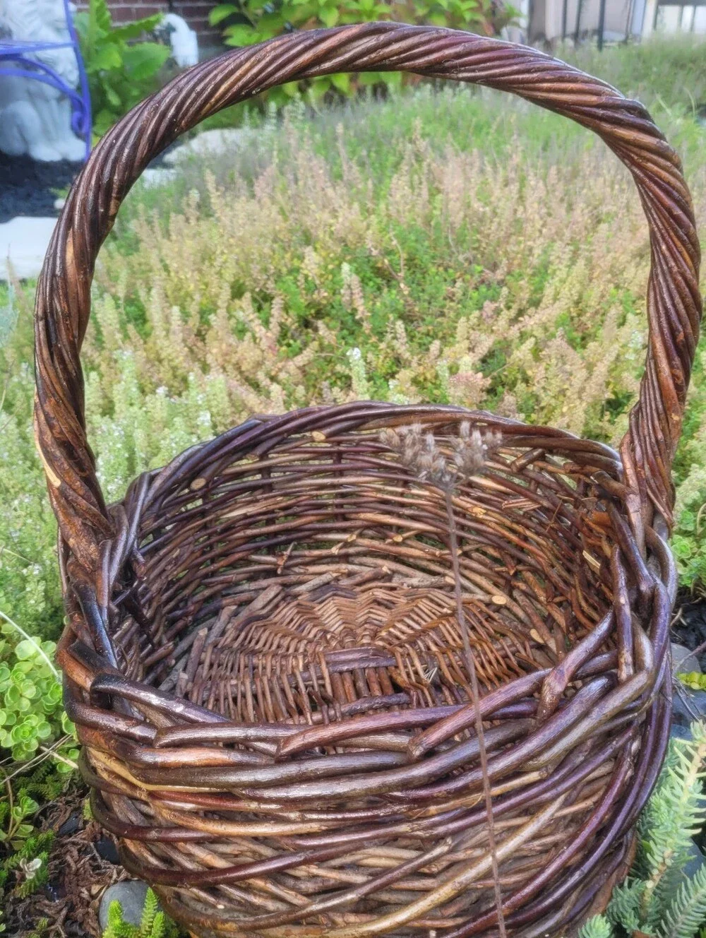 Large Dark Willow Gathering Basket with Arched Twisted Handle Handmade Vintage